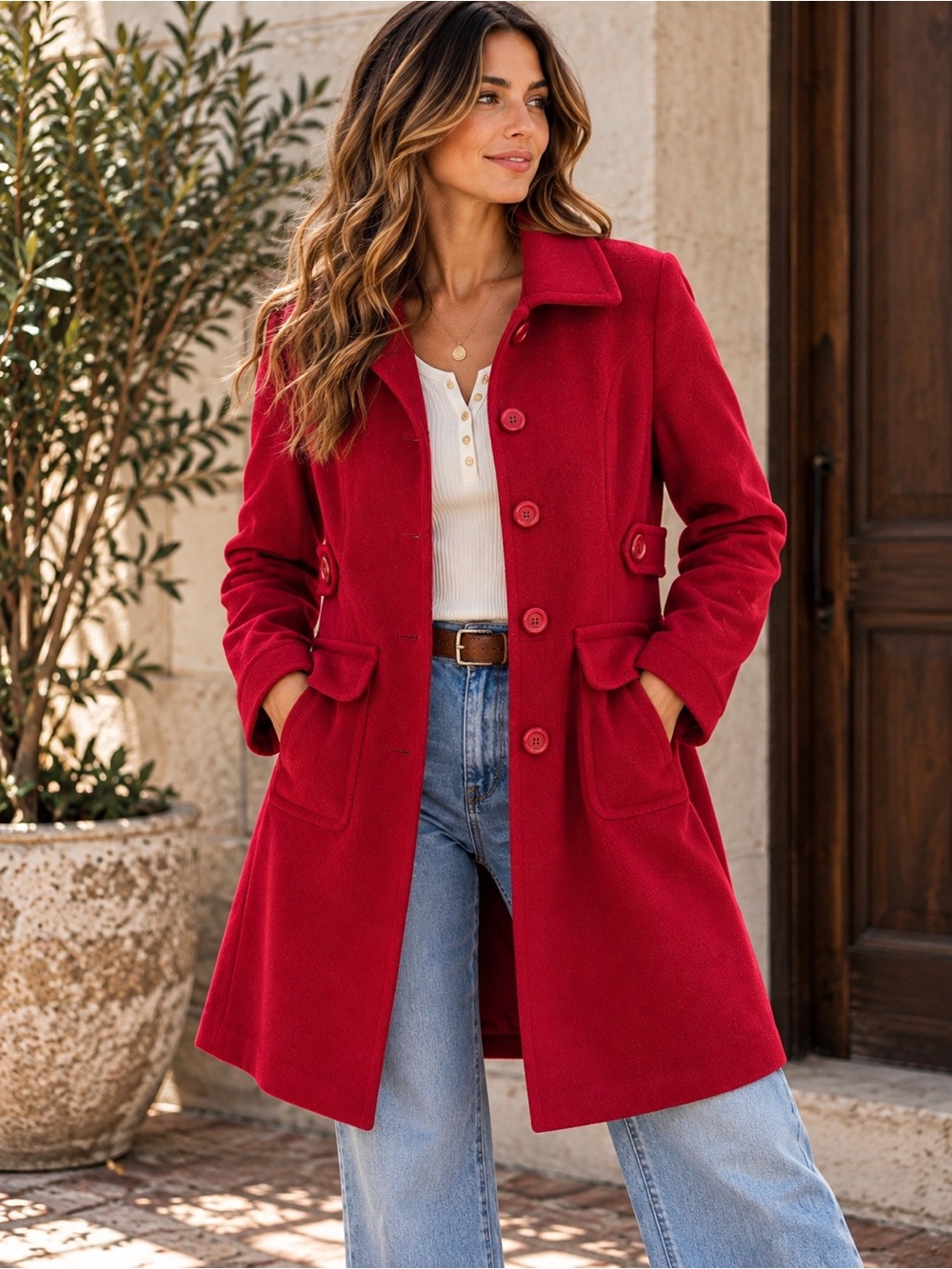 Moda International 100% Wool Red Long Coat Size 4 Lined Classic Winter